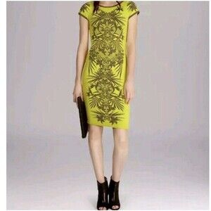Karen Millen Tropical Mirrored Knit Dress Chartreuse Sz 3 US 4 6 ASO Gayle King